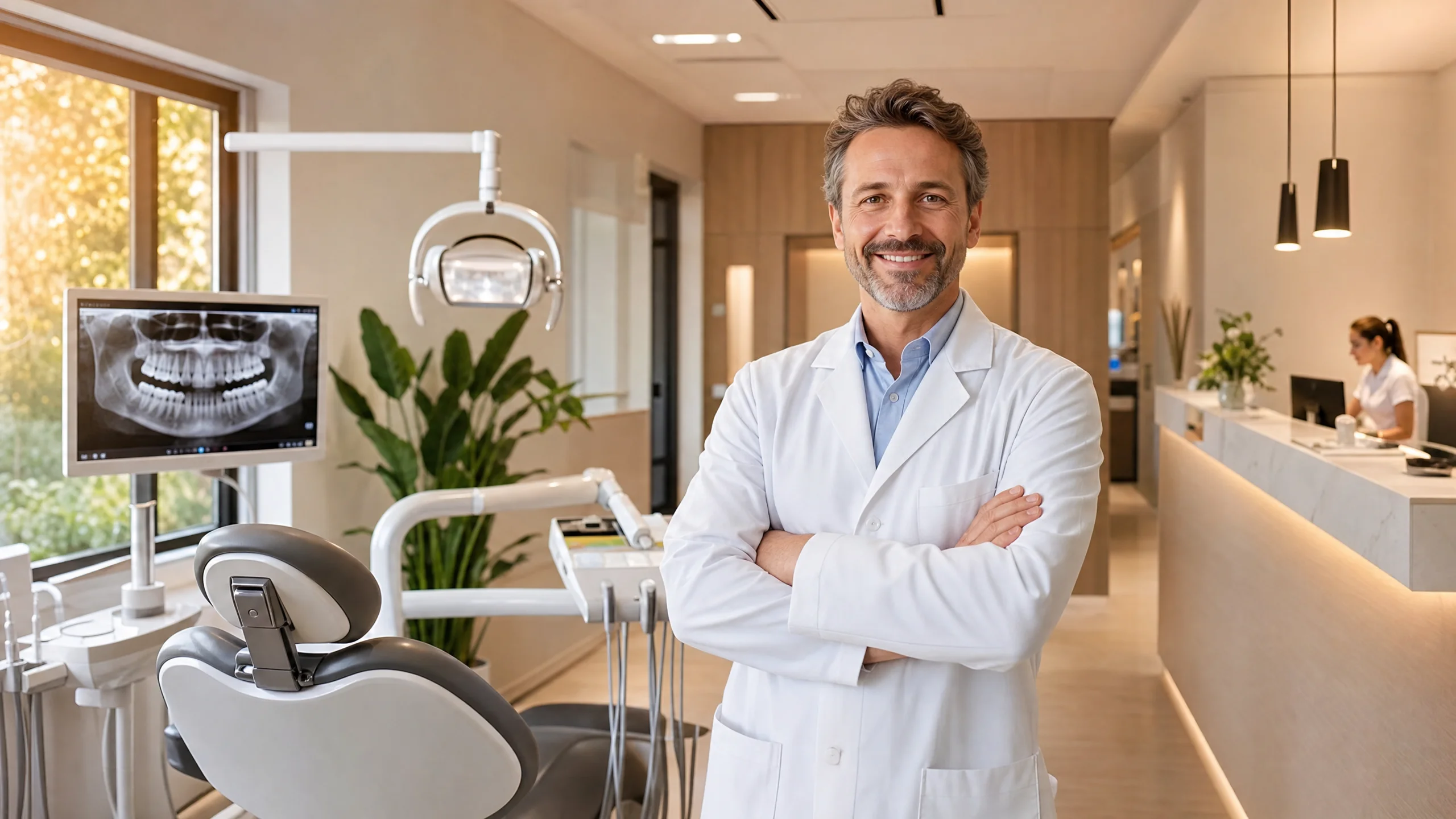 Dentista confiante em clínica moderna de implantes — ambiente real e profissional
