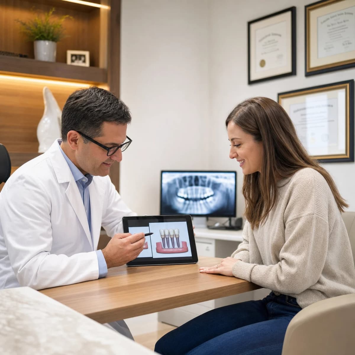 Dentista apresentando opções de tratamento em tablet para paciente durante consulta