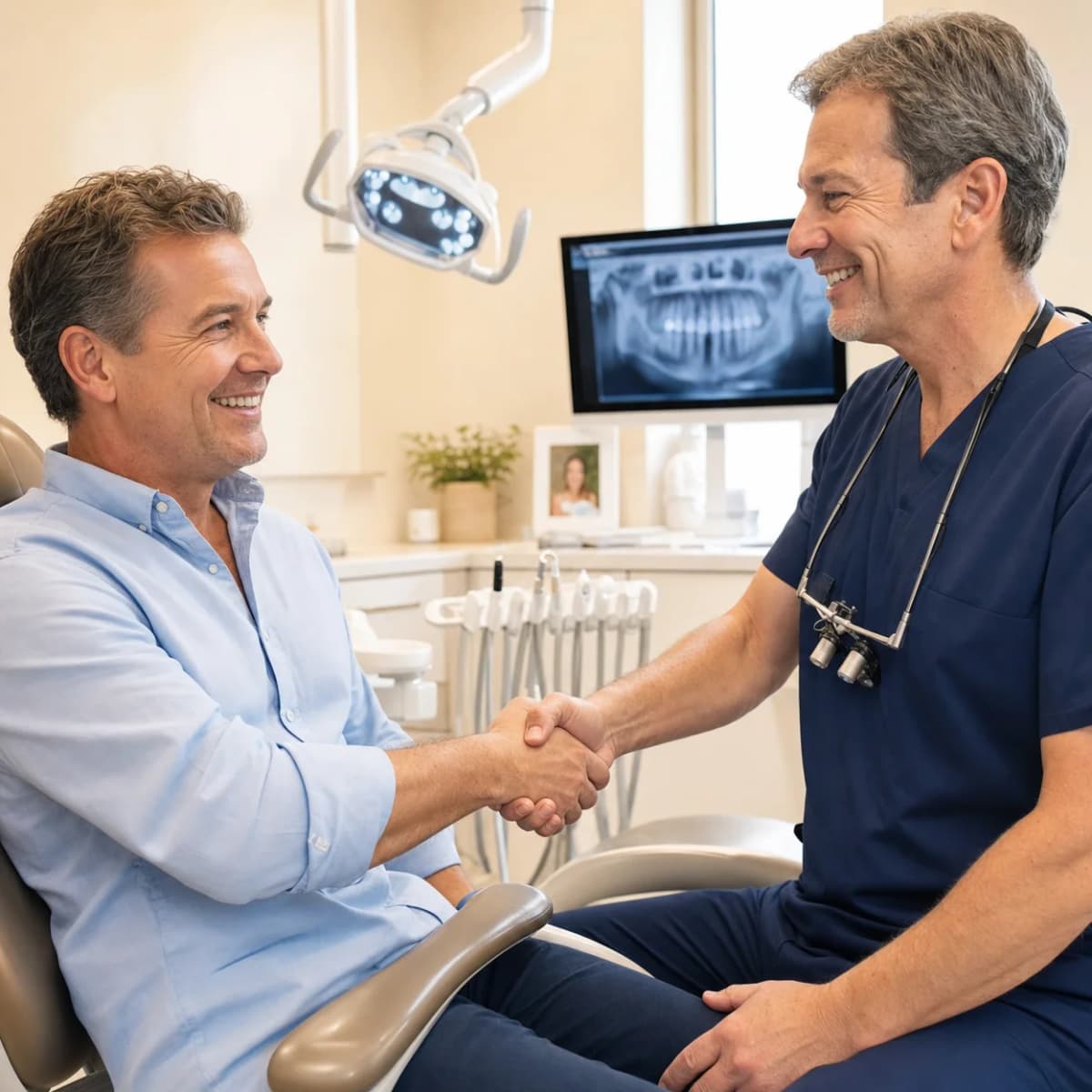 Paciente satisfeito apertando a mão do dentista após procedimento de implante bem-sucedido